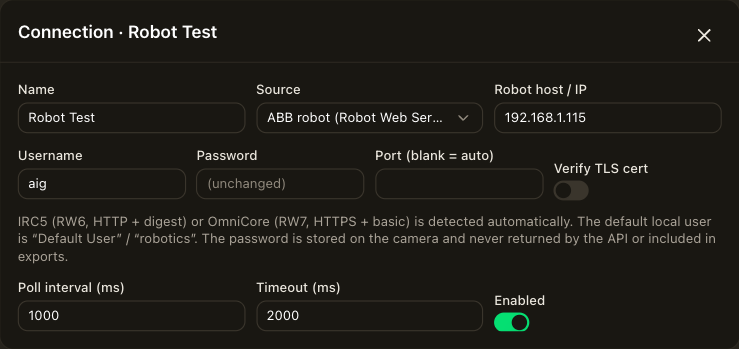 The connection form for an ABB robot: host, username, password, port, TLS verification and the shared fields.