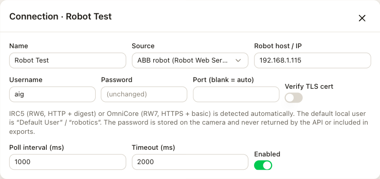 The connection form for an ABB robot: host, username, password, port, TLS verification and the shared fields.