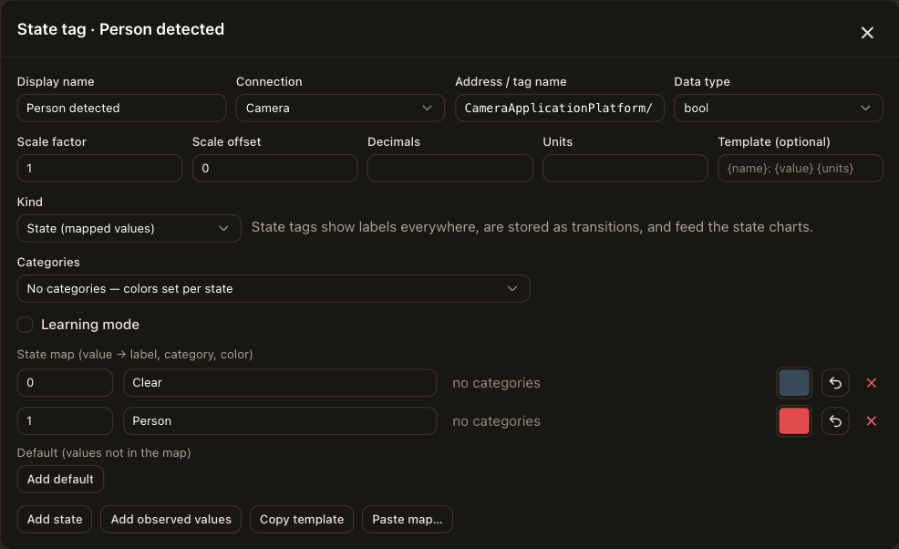 The tag form for a detection tag: kind set to state, with values 0 and 1 mapped to Clear and Person.