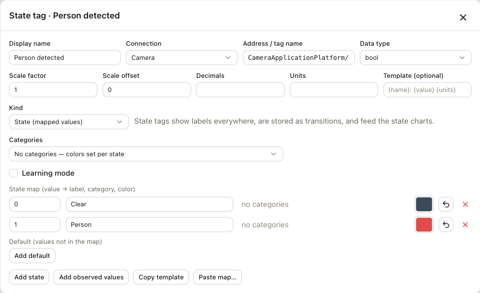 The tag form for a detection tag: kind set to state, with values 0 and 1 mapped to Clear and Person.