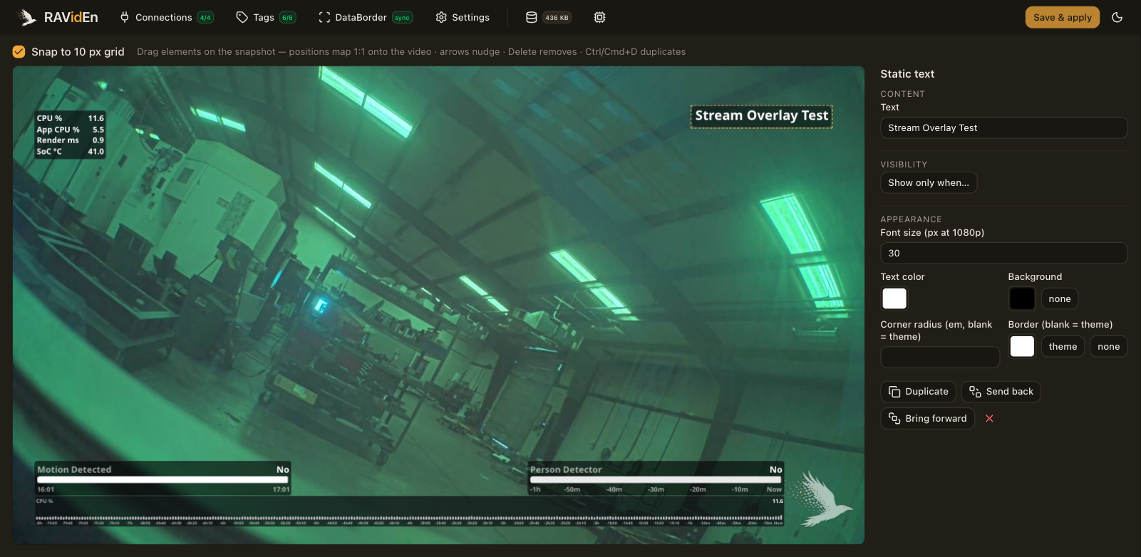 The overlay editor: the camera snapshot with elements placed on it, and the element properties beside it.