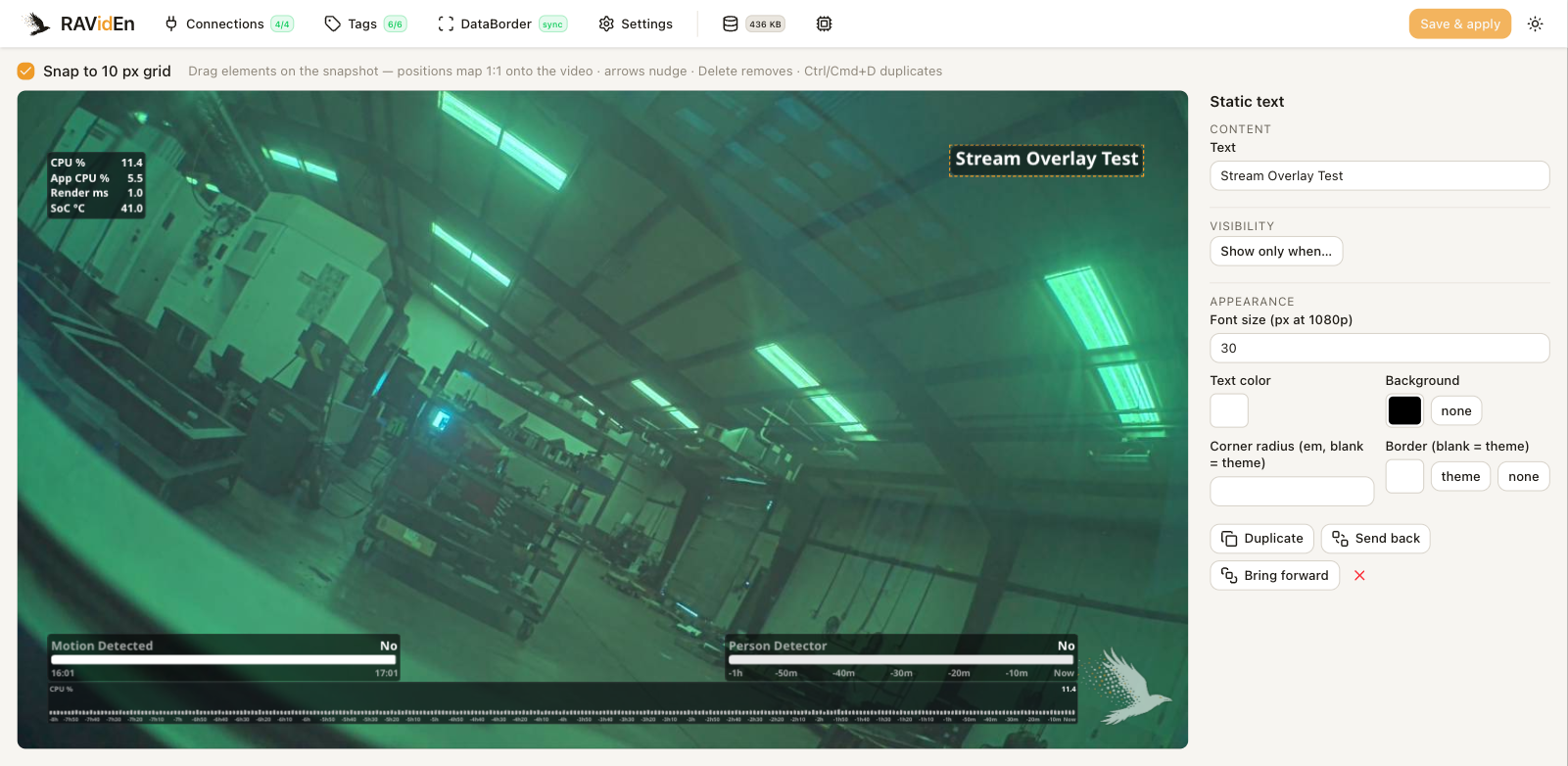 The overlay editor: the camera snapshot with elements placed on it, and the element properties beside it.