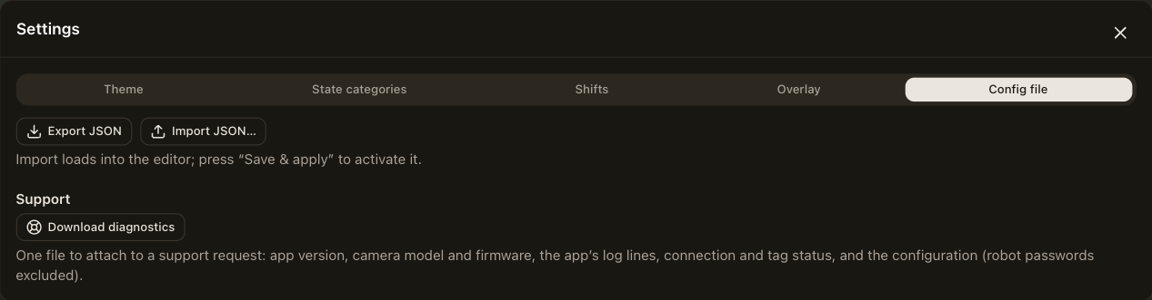 The Settings panel with the Config file tab: export, import and the diagnostics download.