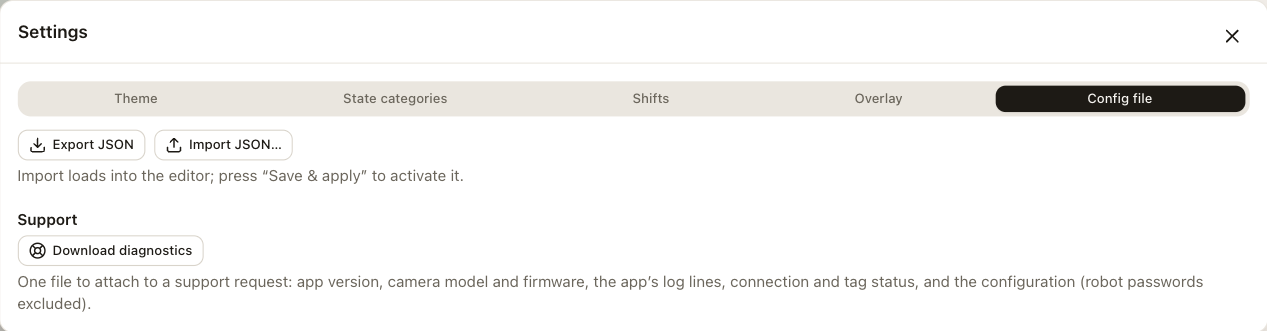 The Settings panel with the Config file tab: export, import and the diagnostics download.