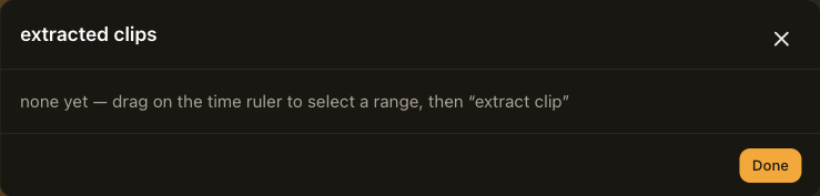 The exports list, empty, with the hint to drag on the time ruler and extract a clip.