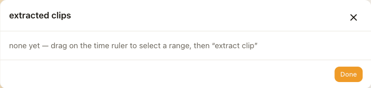 The exports list, empty, with the hint to drag on the time ruler and extract a clip.