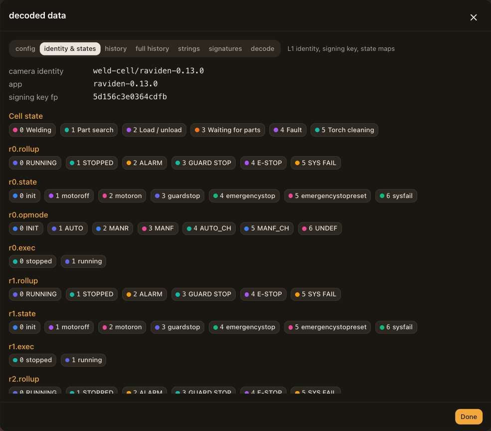 The identity and states tab: the camera identity, the application version, the signing key fingerprint, and the state map of every state record.