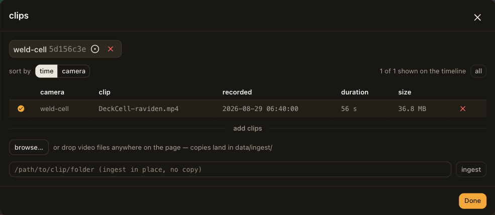 The clips library: one badge per camera, and a table of clips with camera, file name, recording time, duration and size.