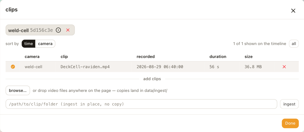 The clips library: one badge per camera, and a table of clips with camera, file name, recording time, duration and size.