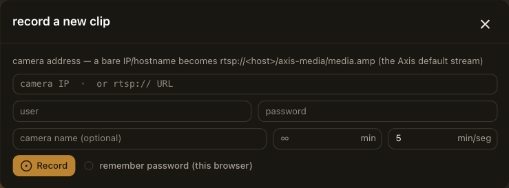 The record dialog: camera address, user and password, camera name, auto-stop limit and segment length.