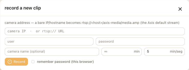 The record dialog: camera address, user and password, camera name, auto-stop limit and segment length.