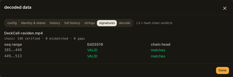 The signatures tab: the chain summary, and one row per signature with its sequence range, whether the Ed25519 signature is valid, and whether the chain head matches.