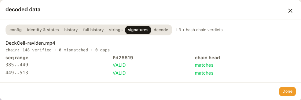 The signatures tab: the chain summary, and one row per signature with its sequence range, whether the Ed25519 signature is valid, and whether the chain head matches.