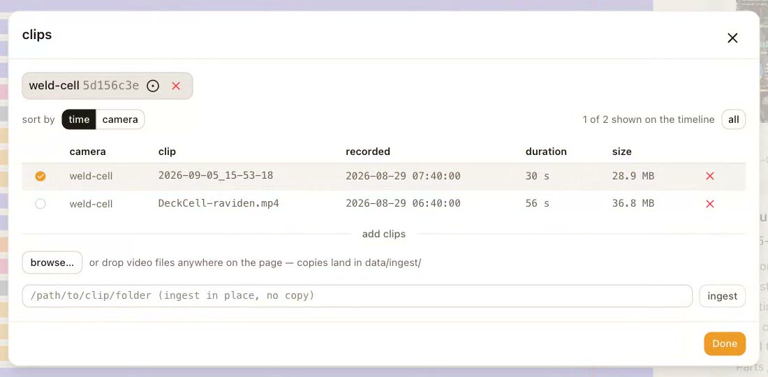 The clips library: a recorded live clip and the original sample, with camera, time, duration and size