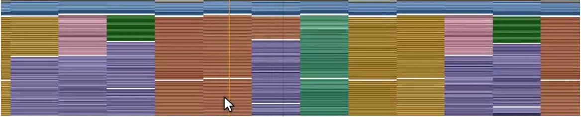 Two seconds of ring payload in the decoder, byte offset down, time across, colored by layer: header, values, names, identity, history, signatures, strings, bulk history